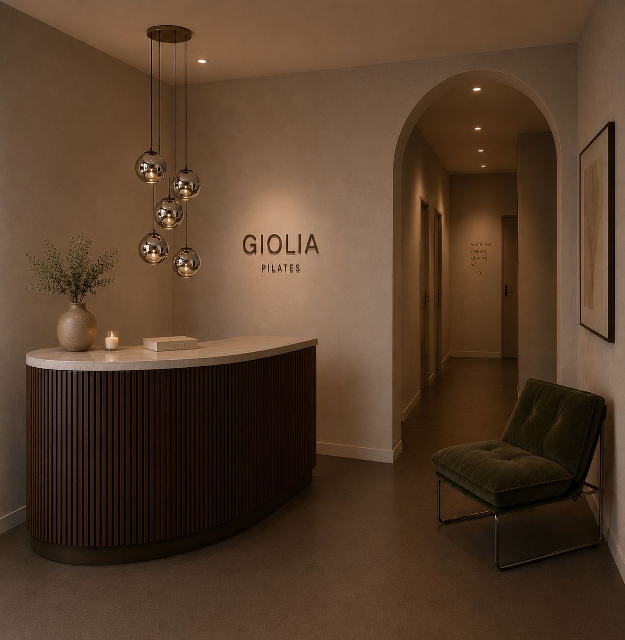 Réception du studio Giolia Pilates, enseigne et fauteuil vert